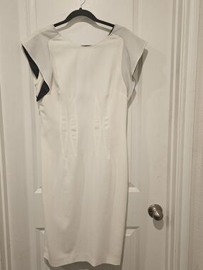Cavalli Class White Dress Black Lined Flutter Sleeve Backj Button Sheath Sz 10